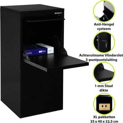 LOGIXBOX - Pakket brievenbus - Brievenbus - Pakketbox - Frontbox DeLuxe Uni met Achteruitname - Zwart - 1.0 mm dik staal -- Géén Bouwpakket --