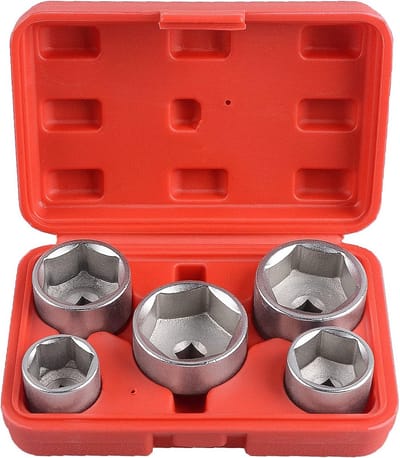 5-delige 3/8" aandrijving oliefilter sleutelset met 24, 27, 32, 36 en 38 mm - Cr-V 6-punts gereedschap voor eenvoudig verwijderen van oliefilters