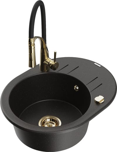 Mexen Kevin granieten gootsteen 1-koer met afdruiprek en keukenmengkraan Aster, zwart/goud metallic - 6517-75-73450-57-G