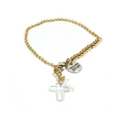 Heaven Eleven - dames armband - Ibiza - goudkleurige plating schakel 2mm - natuursteen kralen - kruisje - 18cm