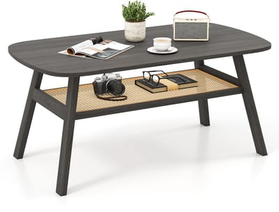 COSTWAY Salontafel van hout, woonkamertafel met rotanplank, bijzettafel 2 niveaus, rustieke koffietafel, banktafel voor woonkamer, 100 x 55 x 44,5 cm