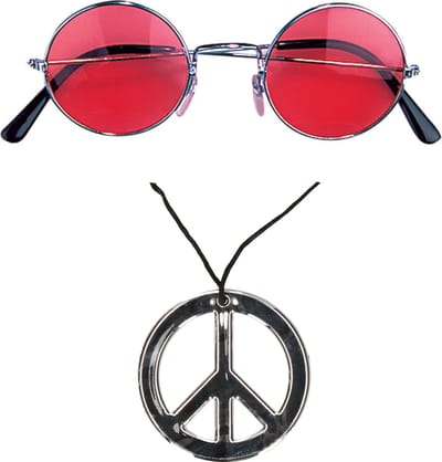 Smiffys Hippie Flower Power verkleed set - peace ketting - en ronde glazen party bril - rood - volwassenen