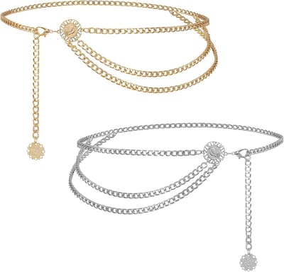 2 stuks kettingriemen voor vrouwen, verstelbare tailleketting in zilver en goud, 90 cm metalen riem voor piratenkostuums voor vrouwen, buikketting, tailleriem voor piratenkostuums voor vrouwen