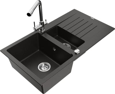 Mexen Matias granieten spoelbak 1,5-komors met afdruiprek en Duero keukenkraan, zwart/goud metallic - 6502-75-671600-00