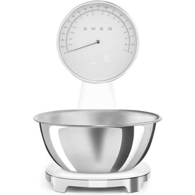 SMEG KSF01WHWW Keukenweegschaal - Analoog & Digitaal - 5 kg - RVS Kom 1,8L - USB Oplaadbaar - LCD Display - Tarrafunctie - '50s Style - Wit