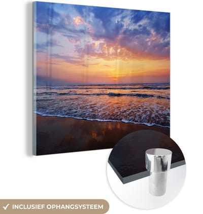 MuchoWow® Glasschilderij 50x50 cm - Schilderij acrylglas - Zee - Zon - Kleuren - Foto op glas - Muurdecoratie woonkamer - Wanddecoratie slaapkamer - Schilderijen