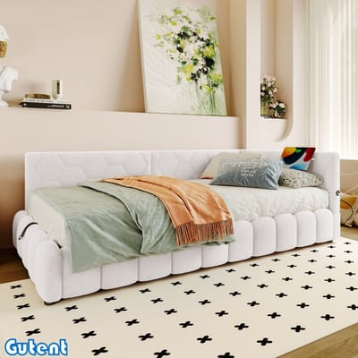 Gutent Slaapbank-90*200 cm-met lattenbodem (matras niet inbegrepen)-met LED-lichtlijst-met hydraulisch hefmechanisme-USB-aansluiting-Type-C-Kunstwol-Wit