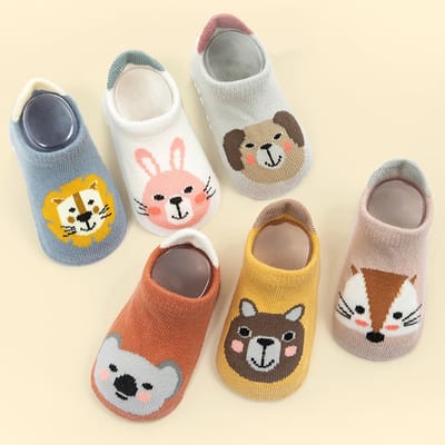 Antislipsokken voor kinderen - Vloersokken voor kinderen - Antislipsokken voor baby's - Set van 6 - Dierenprint - Siliconenzool - Geschikt voor jongens en meisjes van 1-3 jaar