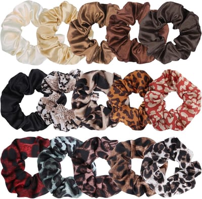 Famanu – Satijnen scrunchies 15 stuks, zachte haarelastiekjes met effen en luipaardprint