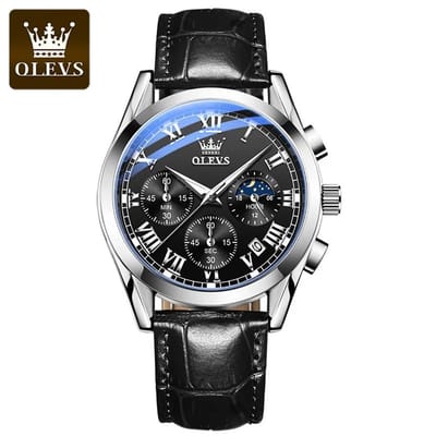 Olevs - Heren Horloge - Lederen Band - Polshorloge - Heren - Cadeau - Horloge - Geschenkdoos - Mannen - zwart & zilver - polsband zwart