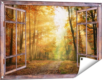 Gards Tuinposter Doorkijk Herfstbos met Zonneschijn - 90x60 cm - Tuindoek - Tuindecoratie - Wanddecoratie buiten - Tuinschilderij