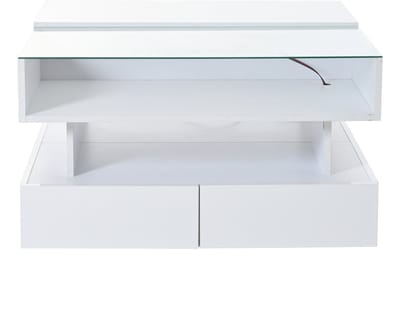 MODFU Hoogglans salontafel 80x80x45 cm met verstelbaar blad, verborgen opbergruimte, 2 lades, LED-verlichting, gehard glas, wit
