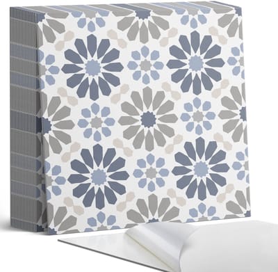 Coloray Plaktegels - Bloemmotief in symmetrie Zelfklevende Tegels - 20 cm x 20 cm - Blauw Plaktegels - 20 stuks - Vierkant PVC Tegels - Plaktegels Badkamer - Plaktegels Vloer - Vinyl Tegels - Wandtegel Zelfklevend