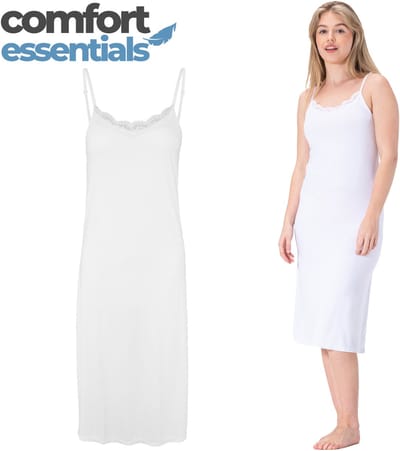 Comfort Essentials - Onderjurk Wit - Lang Met Kant - S/M - EU 36-38 - Spaghetti Bandjes - Nachthemd -Nachtjapon - Microfiber - Slipdress - Anti-statisch