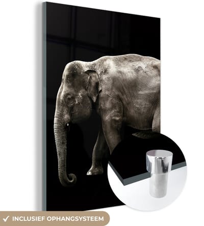 MuchoWow® Glasschilderij 120x160 cm - Schilderij acrylglas - Olifant - Wilde dieren - Zwart - Foto op glas - Schilderijen