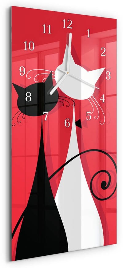 Tulup Wandklok - Katten Wandklok Glas Decoratie - 30x60 cm - Rood Gekleurde Glazen Klok - Witte Handen - Rechthoekige Wandklok - Wandklok Glas Met Motief - Decoratieve Glazen Klok