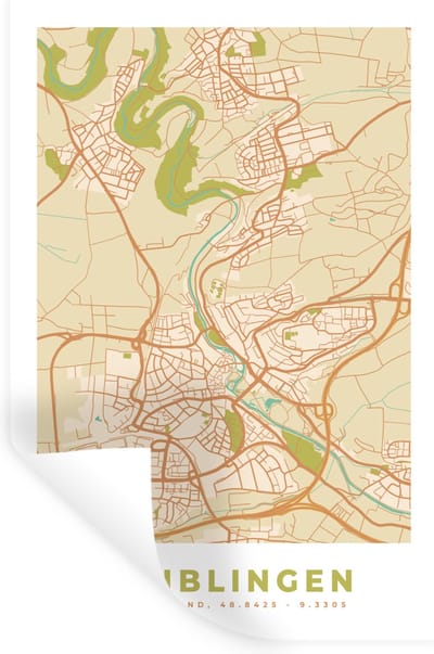 Muurstickers - Sticker Folie - Plattegrond - Waiblingen - Vintage - Kaart - Stadskaart - 20x30 cm - Plakfolie - Muurstickers Kinderkamer - Zelfklevend Behang - Zelfklevend behangpapier - Stickerfolie