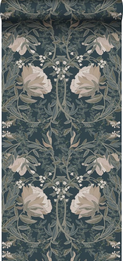 ESTAhome behang vintage bloemen in art nouveau stijl donkerblauw - 53 cm x 10.05 m - 139421
