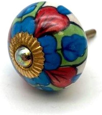 Porseleinen Knop Bladerenmotief blauw, rood en groen 40mm handgeschilderd
