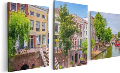 Artaza Canvas Schilderij Drieluik Huisjes Aan De Oudegracht In Utrecht - 120x60 - Foto Op Canvas - Canvas Print