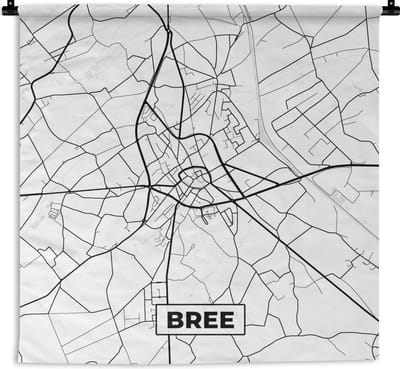 Wandkleed - Wanddoek - Zwart Wit – België – Plattegrond – Stadskaart – Kaart – Bree - 180x180 cm - Wandtapijt