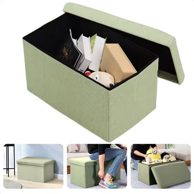 Cheqo® Opvouwbare Poef Met Opbergruimte - Groen - Grote Opbergbox - Organizer - Voetenbankje - Hocker - MDF en Katoen