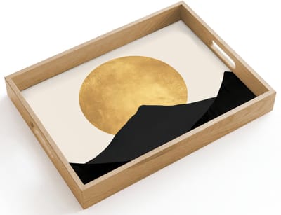 Dienblad hout 40x30 cm - Schootdienblad - Bergsilhouetten - Gouden cirkel - Beige - Borrelplank rechthoek - Plateau dienbladen