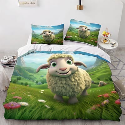 Cartoon Schaap Dekbedovertrek Tweepersoonsmaat, 3D Schattige Dieren Zachte Microfiber Beddengoedset met 2 Kussenslopen voor Kinderen Jongens Meisjes Tieners 90x200cm