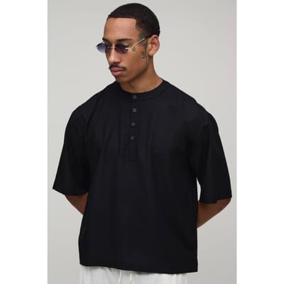 Oversized Boxy Linnen Blend Henley Shirt Met Korte Mouwen | Black | Size Small