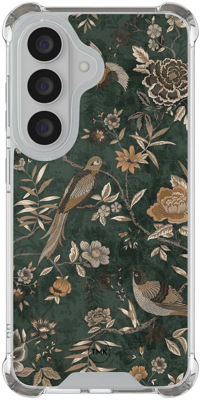 Shockproof hoesje geschikt voor Samsung Galaxy S26 - Khaki golden flowers - Schokbestendig - Verhoogde randen - TPU case - Extra Sterke Back Cover - Bloemen - Transparant, Groen