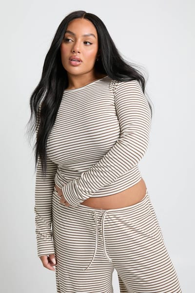 boohoo Dames Plus Lange Mouwen Gestreept Baby T-Shirt | Steen | Maat: 56
