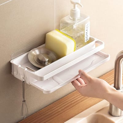 Famanu – Wandgemonteerde spoelbak organizer zonder boren, afneembare sponshouder met afvoer