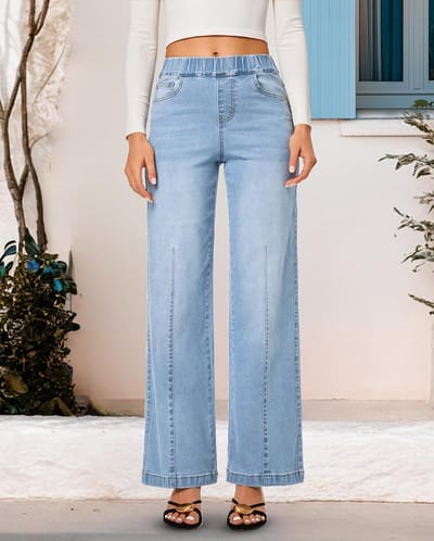 Dames Baggy Jeans met Elastische Taille - Hoge Taille & Wijde Pijpen