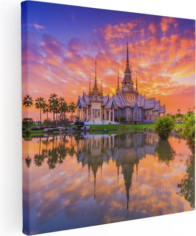 Artaza Canvas Schilderij Tempel Thailand - 30x30 cm - Klein - Wanddecoratie Zon - Muurdecoratie Reflectie - Kamer Accessoires