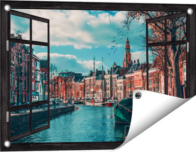 Gards Tuinposter Doorkijk Gracht in Groningen - 60x40 cm - Tuindoek - Tuindecoratie - Wanddecoratie buiten - Tuinschilderij