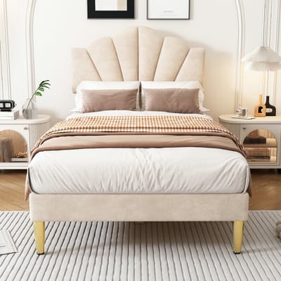 VVBV Gestoffeerd Eenpersoonsbed 90x200 cm - Lattenbodem, Verstelbaar Hoofdbord, Schelphoofdbord - Hout/Metaal Beige/Goud