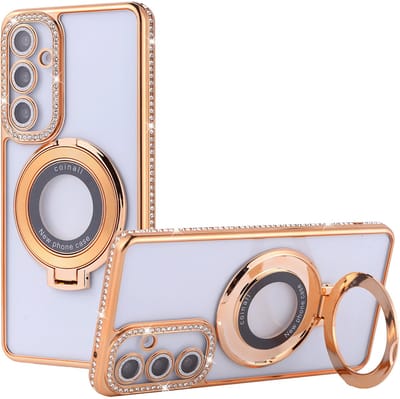 Hoesje Geschikt voor Samsung Galaxy S25 / S24 Magsafe hoesje Goud - Lens beschermer ring Luxury Bling Sparkly Diamond backcover