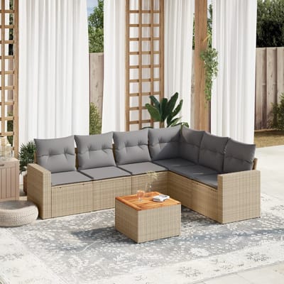 vidaXL - 7-delige - Loungeset - met - kussens - poly - rattan - beige