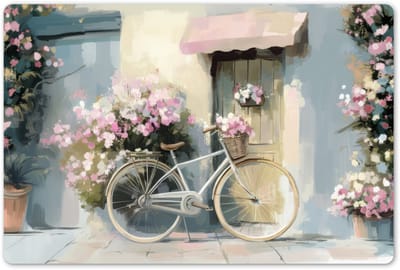 Placemats 45x30 cm - Placemat kunststof - 1 stuk - Fiets - Pastelkleuren - Bloemen - Borden onderleggers - Decoratie voor op tafel - Keuken tafeldecoratie accessoires - Vinyl onderlegger - Tafelversiering