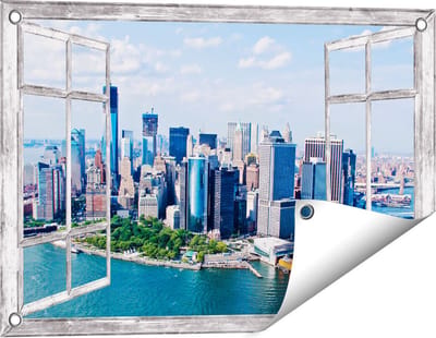 Gards Tuinposter Doorkijk New York Als een Eiland vanuit de Lucht - 60x40 cm - Tuindoek - Tuindecoratie - Wanddecoratie buiten - Tuinschilderij