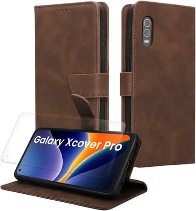 kwmobile telefoonhoesje geschikt voor Samsung Galaxy Xcover Pro hoesje - Smartphone case met pasjeshouder - RFID-blokkering en screenprotector - In donkerbruin