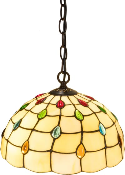 Tiffany hanglamp met glasjuwelen - Crème-meerkleurig - Ø 30 cm - Glas in lood - Warm licht - Inclusief ketting en plafondplaat - Pendellamp | RORUVERA