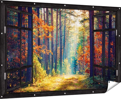 Gards Tuinposter Doorkijk Herfstbos met Zonneschijn - Kleur - 180x120 cm - Tuindoek - Tuindecoratie - Wanddecoratie buiten - Tuinschilderij