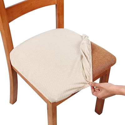 Set van 6 stoelhoezen voor eetkamerstoelen, jacquard, rekbaar, wasbaar, afneembaar, wasbaar, beige