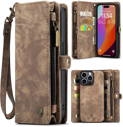 Geschikt Voor iPhone 14 Pro Hoesje - Solidenz Wallet Case 14 Pro - Telefoonhoesje 14 Pro - 14 Pro Case Met Pasjeshouder - Met Ritsvak - Met Polskoord - Portemonee Hoes - Bruin