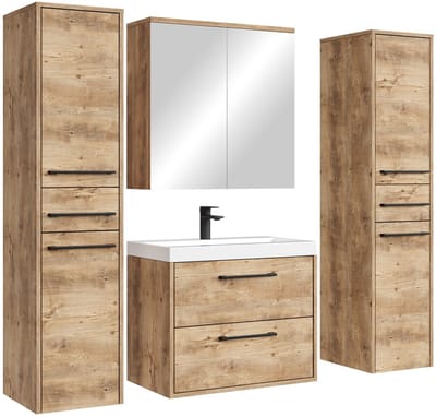Badplaats Badkamermeubel Set Florence 60 cm XL – Kastanje Eiken – Hangend Badmeubel met Wastafel, Spiegelkast en Zijkasten