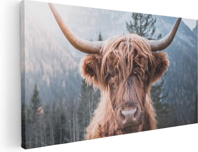 Artaza Canvas Schilderij Schotse Hooglander - 40x20 cm - Klein - Wanddecoratie Woonkamer - Muurdecoratie Berglandschap - Schilderijen Op Canvas