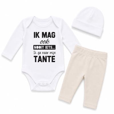 Baby cadeau geboorte unisex jongen of Meisje Setje 3-delig newborn | maat 62-68 | grijs mutsje en broekje en romper lange mouw wit met zwarte tekst ik mag ook nooit iets ik ga naar mijn tante