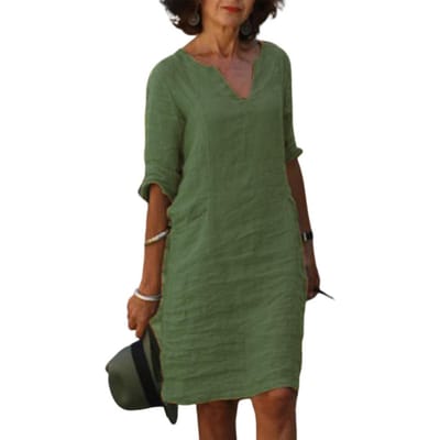Zomer Dames Jurk V-hals 3/4 Mouwen Comfortabele Pasvorm Effen Kleur Knie Lengte Eenvoudige Stijl Dagelijkse Kleding Woon-werk Verkeer Midi Jurk XL