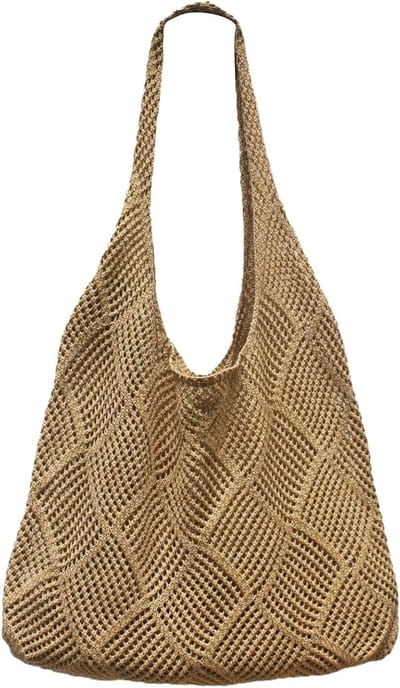 Grote Vintage Strandtas voor Vrouwen, Mesh Brei Tas, Ideaal voor Reizen, Winkelen en Dagelijks Gebruik (Khaki)
